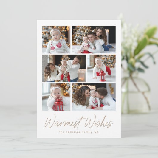 Warmest Wishes Taupe Script 6 Foto Collage Feestdagenkaart (Staand voorkant)