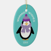 Warmist wil kerstpinguïn in blauw keramisch ornament (Rechts)