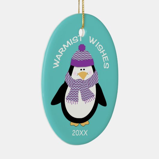 Warmist wil kerstpinguïn in blauw keramisch ornament (Rechts)