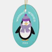 Warmist wil kerstpinguïn in blauw keramisch ornament (Links)