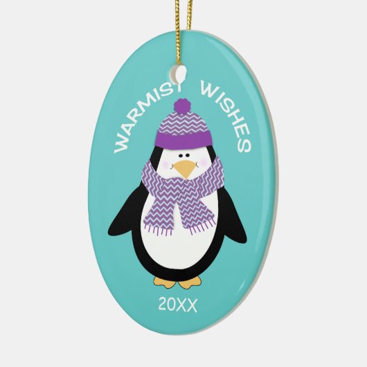 Warmist wil kerstpinguïn in blauw keramisch ornament (Links)