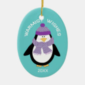 Warmist wil kerstpinguïn in blauw keramisch ornament (Voorkant)