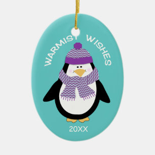 Warmist wil kerstpinguïn in blauw keramisch ornament