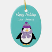 Warmist wil kerstpinguïn in blauw keramisch ornament (Achterkant)