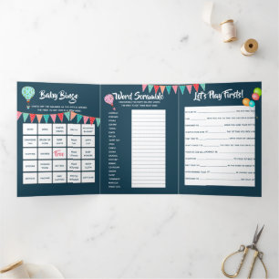 Warmluchtballon baby, vlaggen neutraal geslacht drieluik uitnodiging