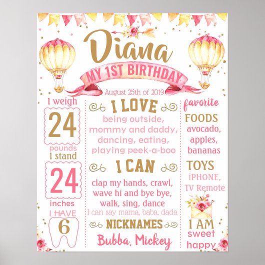 Warmluchtballon Eerste verjaardagskaartbord Poster (Voorkant)