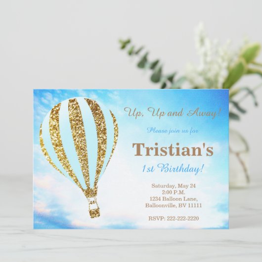 Warmluchtballon uitnodiging in blauw en goud (Staand voorkant)
