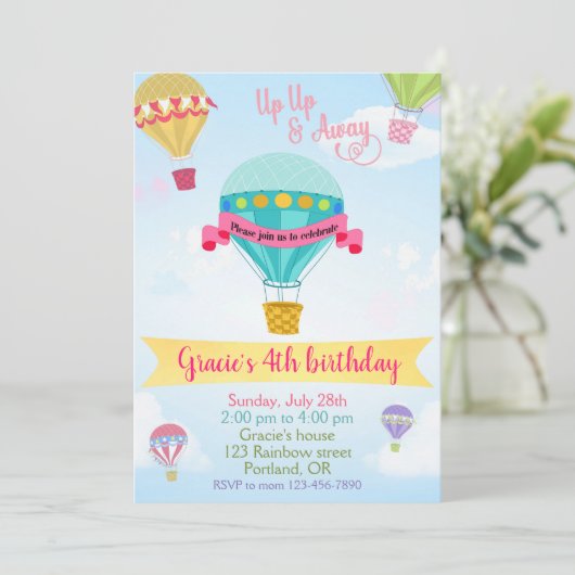 Warmluchtballon verjaardagsuitnodiging kaart (Staand voorkant)