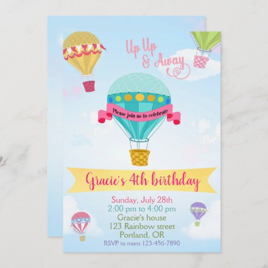 Warmluchtballon verjaardagsuitnodiging kaart (Voorkant / Achterkant)