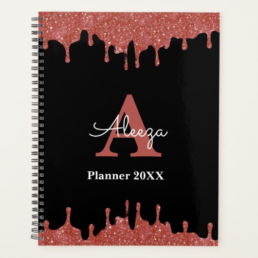 Warmpauze en zwarte monogram glitter druppels planner (Voorkant)