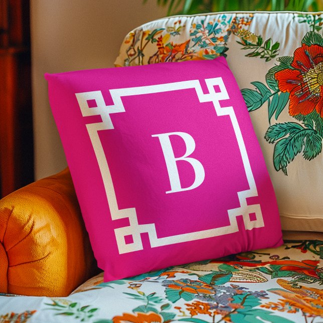 Warmpauze Griekse Sleutelrand Monogram Kussen (Hot Pink Greek Key Border Monogram Outdoor Pillow)