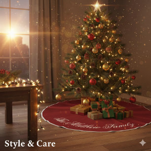 Warmrode kerstboomrok met eigen naam decoratie imitatie linnen kerstboom kleed