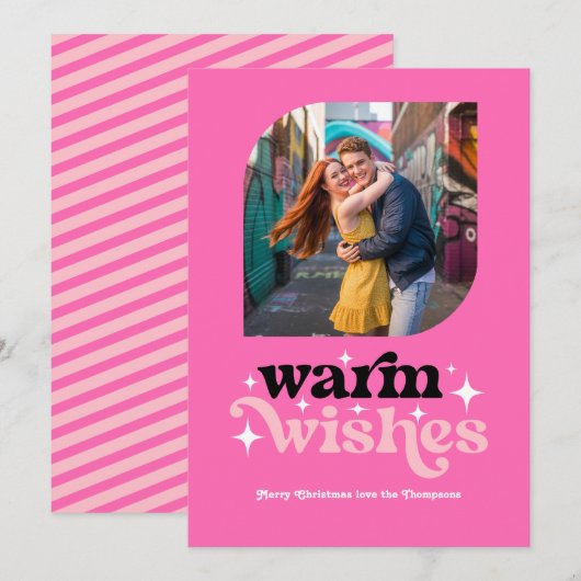 Warmroze Moderne Retro Kerst Foto Feestdagenkaart (Voorkant / Achterkant)