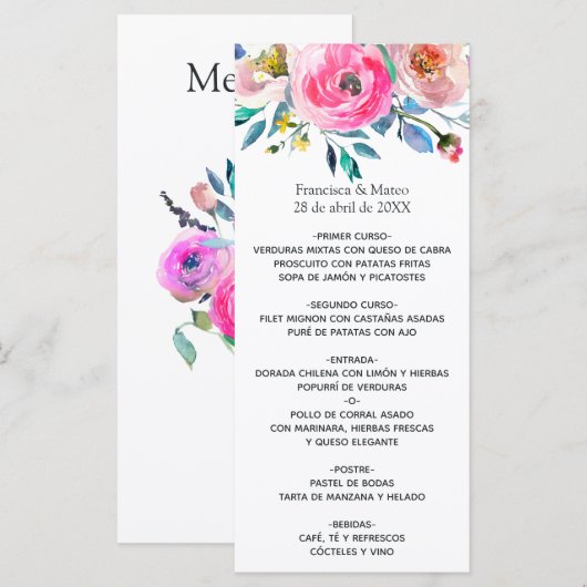 Warmroze waterverf bloemen menu (Voorkant / Achterkant)
