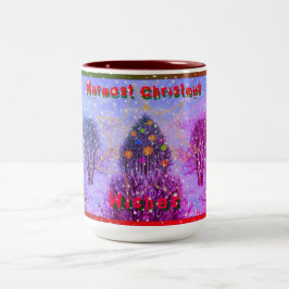 Warmste kerstkreet kleurrijke boomsneeuw tweekleurige koffiemok