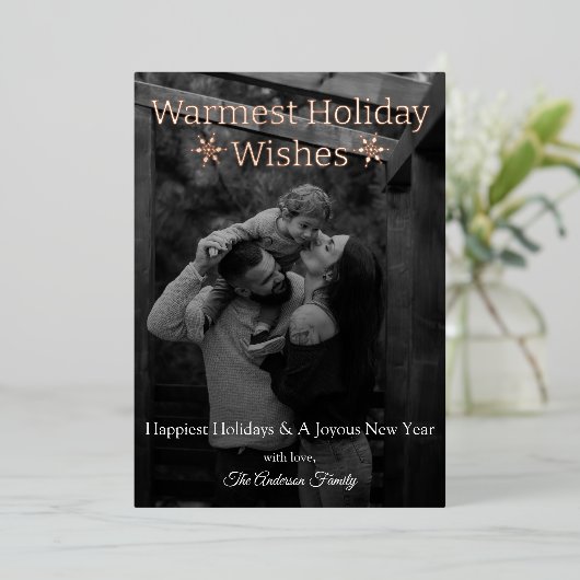 Warmste Vakantie Wensen Sneeuwvlokken Foto Folie K Folie Feestdagenkaart (Staand Voorkant)