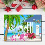 Warmste wensen en kerstmis feestdagen kaart<br><div class="desc">Deze tropische kerstfeestkaart is voorzien van een schattig kudde kleurrijke vogels en een roze flamingo met een kersthoed. Ze genieten van hun mooie strandhuis op de oceaan. Binnengroet - "Warmste wensen van ons vakantieparadijs tot aan het jouwe!" - Sommige afbeeldingen van en naar slslines.etsy.com. Bedankt om langs te stoppen!</div>