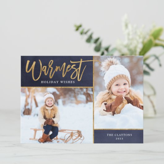 Warmste Wensen Faux Gold Foil 2 Foto Feestdagenkaart (Staand voorkant)