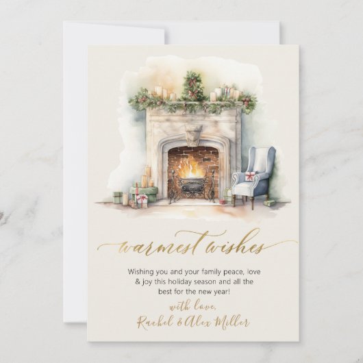 Warmste wensen Gold Script open haard niet foto Feestdagenkaart (Voorkant)