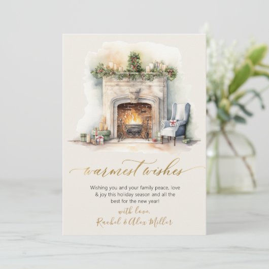 Warmste wensen Gold Script open haard niet foto Feestdagenkaart (Staand voorkant)