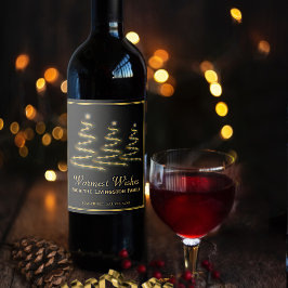 Warmste Wensen Goud & Zwarte Kerstbomen Wijn Etiket