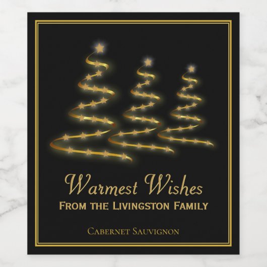 Warmste Wensen Goud & Zwarte Kerstbomen Wijn Etiket (Enkel label)