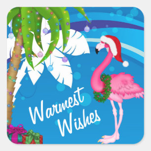 Warmste Wensen Palmbomen Flamingo Beach Kerst Vierkante Sticker