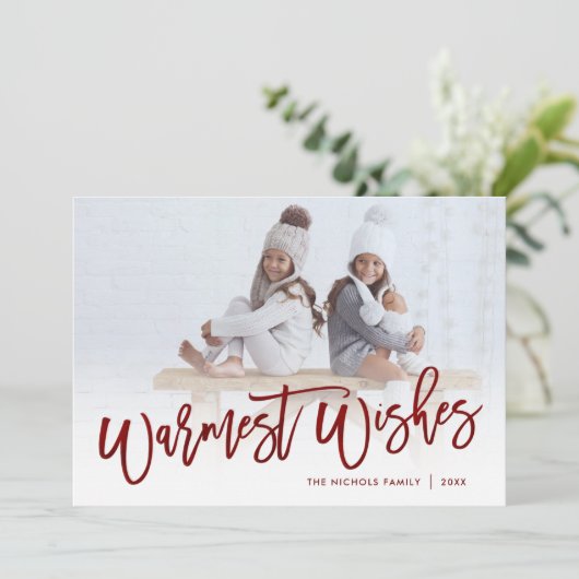 Warmste Wensen Red Script foto overlay Feestdagenkaart (Staand voorkant)