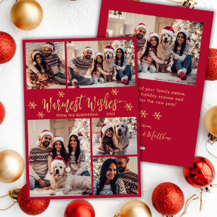 Warmste Wensen Rood Gouden Foto Collage Kerstmis Feestdagenkaart