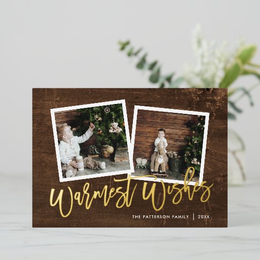 Warmste Wensen Rustiek Goud Script Foto Folie Feestdagenkaart (Staand Voorkant)