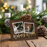 Warmste Wensen Rustiek Goud Script Foto Folie Feestdagenkaart<br><div class="desc">Betaalbare op maat gemaakte foto-wenskaarten met eenvoudige sjablonen voor aanpassing. Dit rustieke chique ontwerp is voorzien van een 2-fotosjabloon met echte gouden folie scripttekst op een houtachtige achtergrond. Personaliseer het met uw foto's, familienaam, het jaar of andere aangepaste tekst. De achterzijde heeft ruimte voor extra foto's en tekst. Gebruik de...</div>