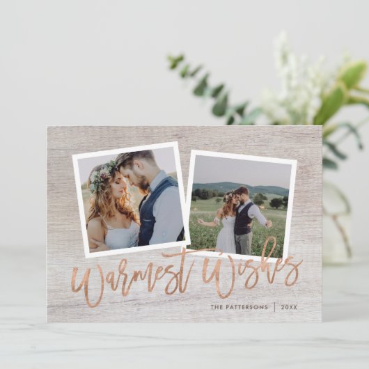 Warmste Wensen Rustiek Roos Goud Script Foto Feestdagenkaart (Staand voorkant)