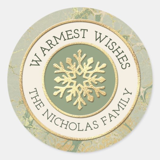 Warmste wensen Sage Green en Gold Snowflake Naam Ronde Sticker (Voorkant)