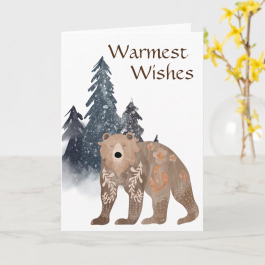 Warmste Wensen Scandi Beer in Kerstbos Kaart (Gele Bloem)