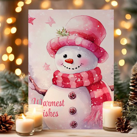 Warmste wensen Schattige Roze Sneeuwman Feestdagen Kaart