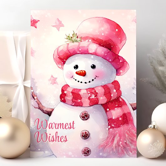 Warmste wensen Schattige Roze Sneeuwman Feestdagen Kaart