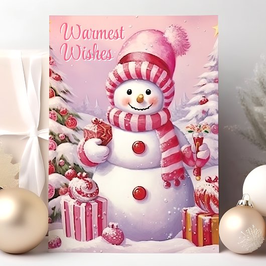 Warmste wensen Schattigee Roze Sneeuwman Feestdagen Kaart