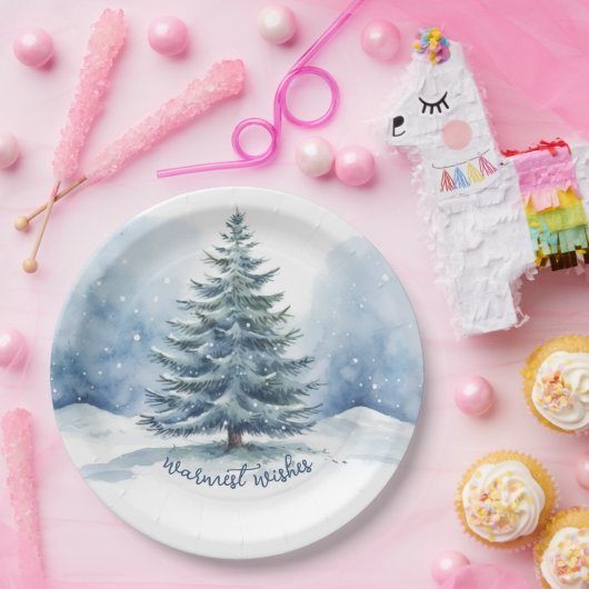 Warmste Wensen Sneeuw Bedekt Evergreen Tree Papieren Bordje (Feest)