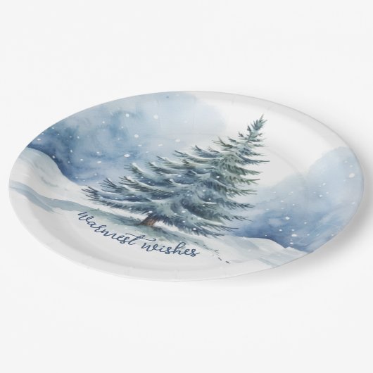 Warmste Wensen Sneeuw Bedekt Evergreen Tree Papieren Bordje (Gekanteld)