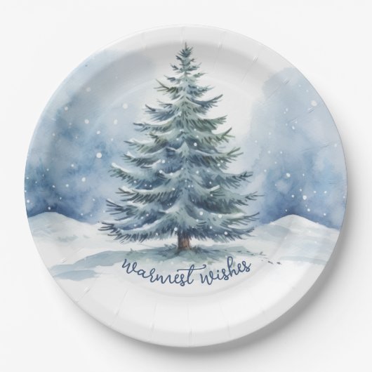 Warmste Wensen Sneeuw Bedekt Evergreen Tree Papieren Bordje (Voorkant)
