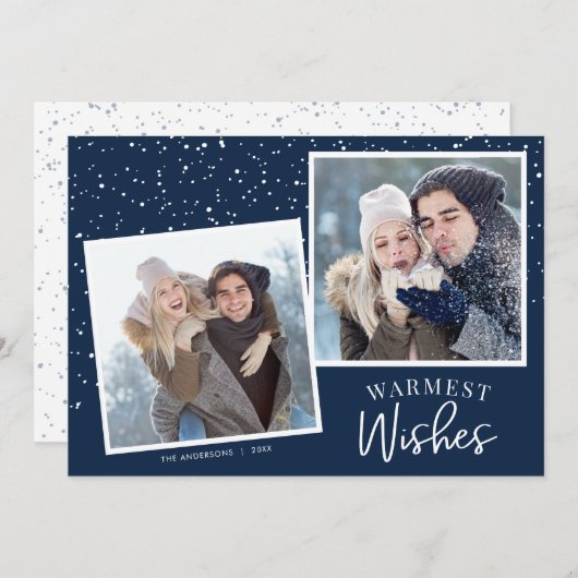Warmste wensen sneeuwdonkerblauw 2-foto's met Kers Feestdagenkaart (Voorkant / Achterkant)