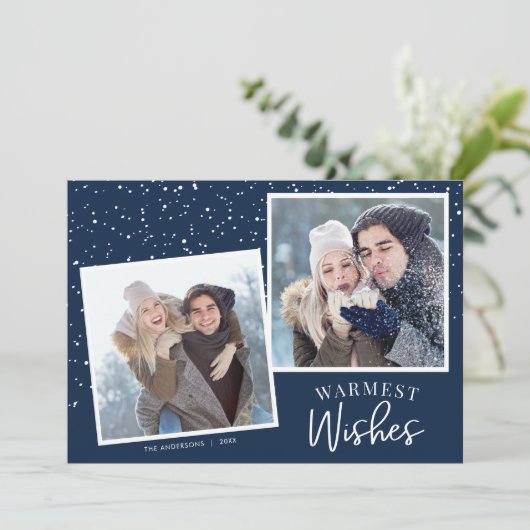 Warmste wensen sneeuwdonkerblauw 2-foto's met Kers Feestdagenkaart (Staand voorkant)