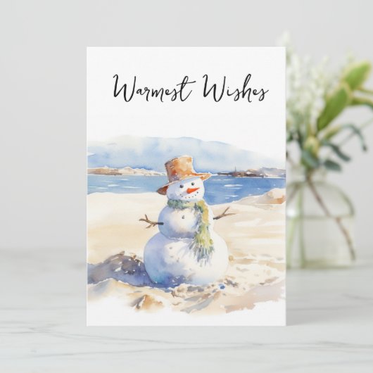 Warmste Wensen Sneeuwman het strand Feestdagenkaart (Staand voorkant)