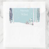 Warmste wensen Sneeuwman met slee Sneeuwend Blauwg Rechthoekige Sticker (Tas)