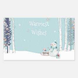 Warmste wensen Sneeuwman met slee Sneeuwend Blauwg Rechthoekige Sticker