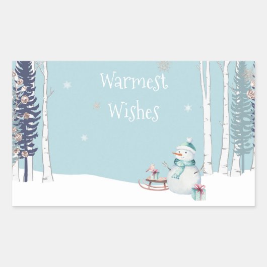 Warmste wensen Sneeuwman met slee Sneeuwend Blauwg Rechthoekige Sticker (Voorkant)