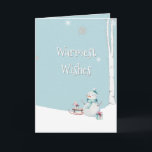 Warmste wensen Snowman slee cadeaus gepersonalisee Kaart<br><div class="desc">Warmste wensen vakantie wenskaart met aanpasbare tekst en een warme sneeuwman naast een slee in de sneeuw.</div>