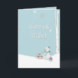 Warmste wensen Snowman slee cadeaus gepersonalisee Kaart<br><div class="desc">Warmste wensen vakantie wenskaart met aanpasbare tekst en een warme sneeuwman naast een slee in de sneeuw.</div>
