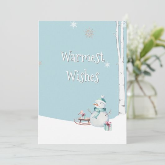 Warmste wensen Snowman slee cadeaus gepersonalisee Kaart (Staand voorkant)