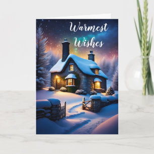 Warmste wensen stenen cottage op een sneeuwrijke n kaart